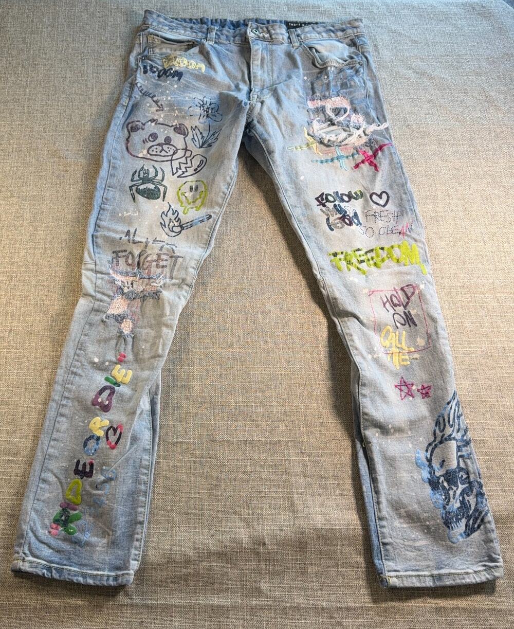 Smoke Rise Jeans Mens 38x34 Graffiti Paint Splatter Distressed Stretch Denim